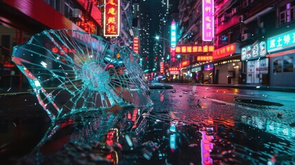 Glass fragment with a shattered center lies on a wet city street reflecting vibrant neon signs at night.