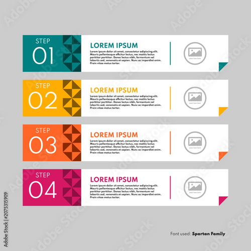 Business infographic timeline vector illustration with four steps and horizontal cards menu layout with colorful triangle texture pattern abstract geometric shapes