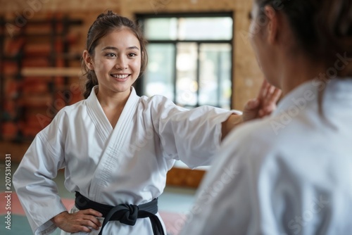 Young Asian in white karate uniform smiles in dojo with instructor