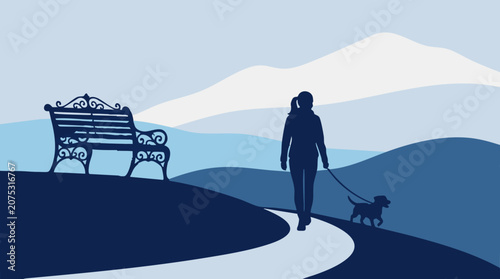 Woman walking her dog on a path in a minimalist blue mountain landscape
