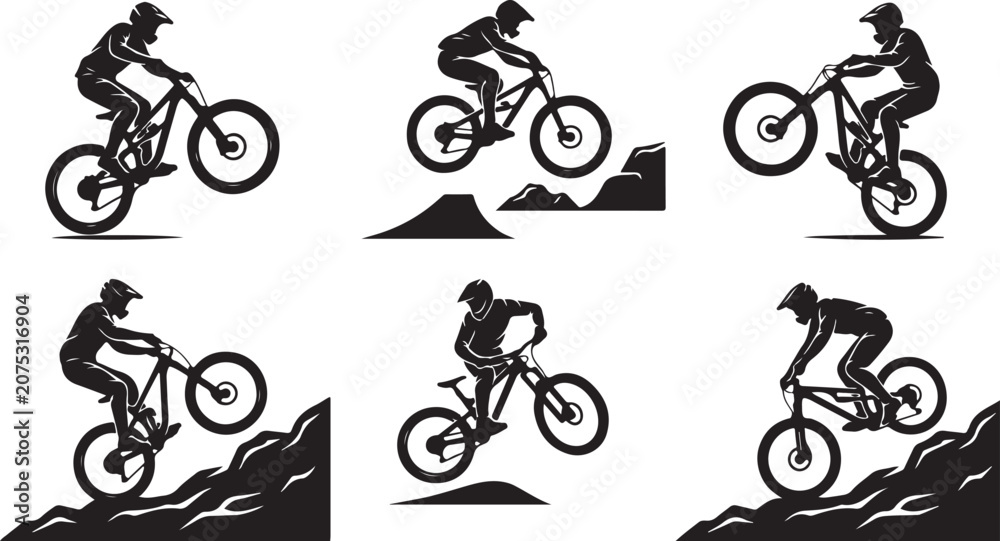 Naklejka premium Mountain Biking, Vector Icons, Black Silhouettes, Cycling Actions, Sports Illustrations, 6 Graphic Elements