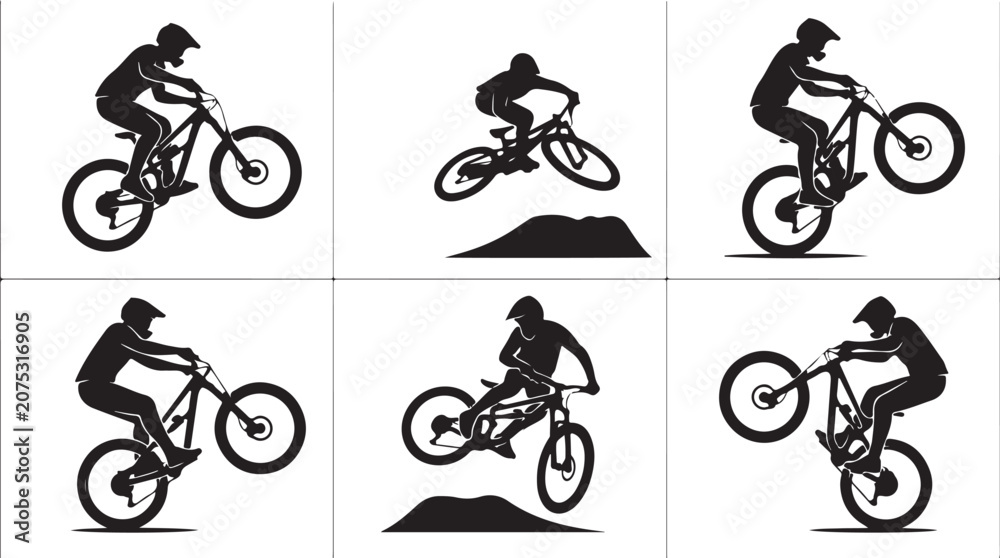 Naklejka premium Mountain biking icons, bike tricks, cyclist silhouettes, black vector graphics