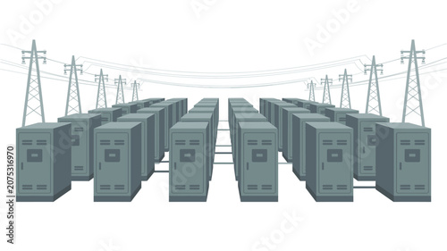 Rows of server racks in a data center facility with overhead high voltage power lines and electrical infrastructure providing energy for technology.