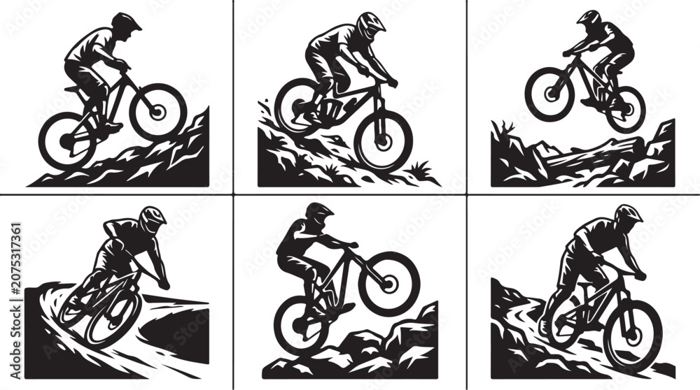 Naklejka premium Mountain Biking, Bicycle Racing, Black Icons, Vector Graphics, 6 Sport Illustrations