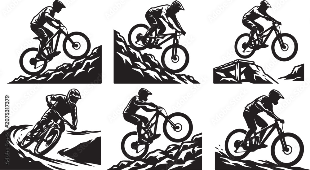 Naklejka premium Mountain biking icons, black and white vector graphics, cycling illustrations, sports emblems, 6 bike rider silhouettes