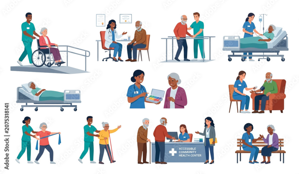 Fototapeta premium Senior Healthcare and Social Worker Care Flat Vector Collection Hospital Rehabilitation and Nursing Support