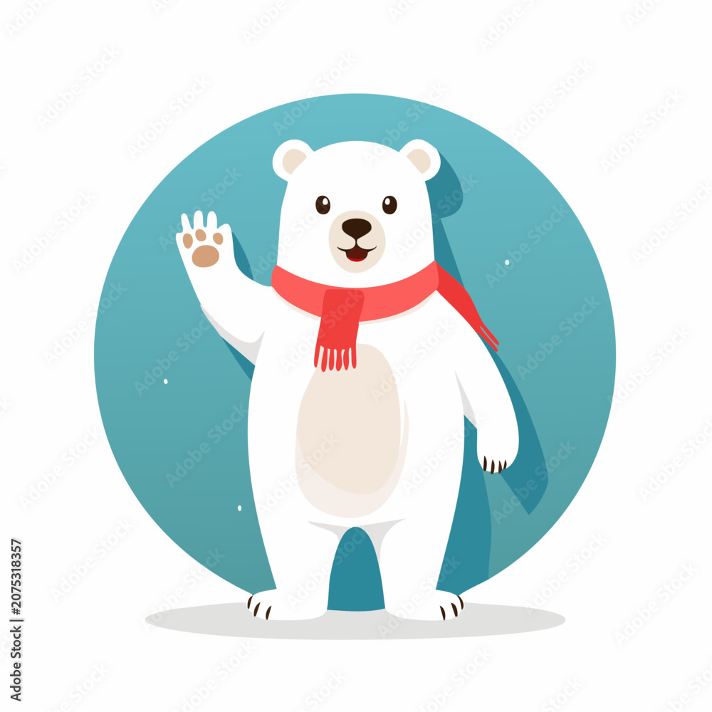 Fototapeta premium Cute cartoon polar bear waving hello with a red scarf