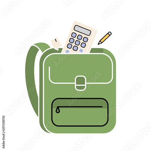 Green school bag with calculator and pencil illustration