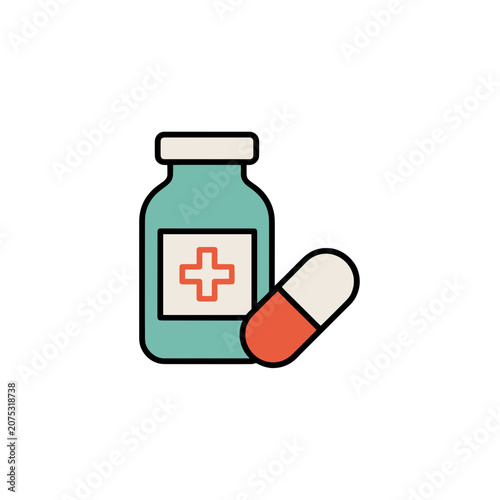 Medicine bottle and pill flat icon