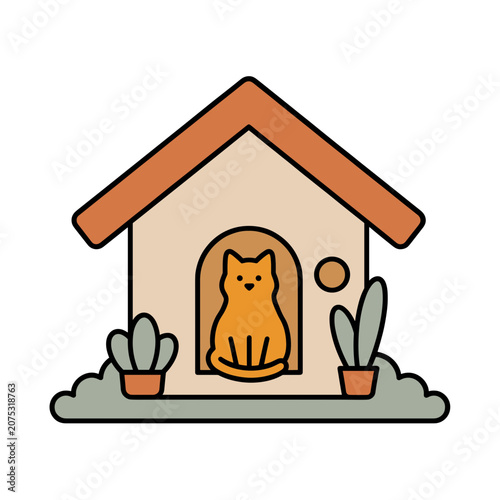 Orange Cat Sitting in Doghouse Illustration