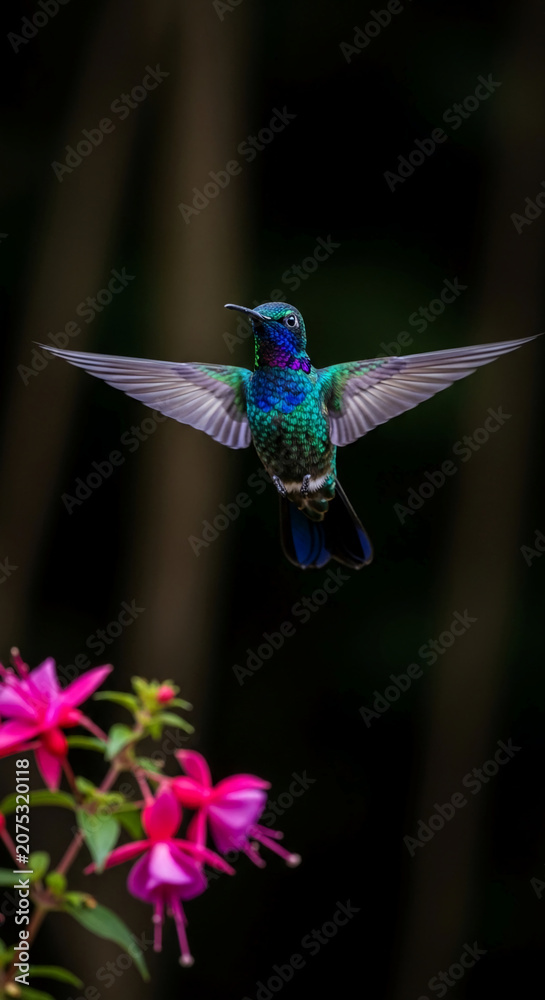 Fototapeta premium Iridescent hummingbird with spread wings hovers near pink fuchsia flower, symbolizing nature's delicate beauty and rapid motion
