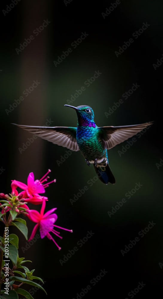 Fototapeta premium Iridescent hummingbird in flight near bright fuchsia flowers, a symbol of nature's delicate beauty and swift motion, perfect for wildlife themes