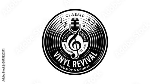 Konstfotografi Retro Vinyl Revival Music Logo with Microphone and Notes