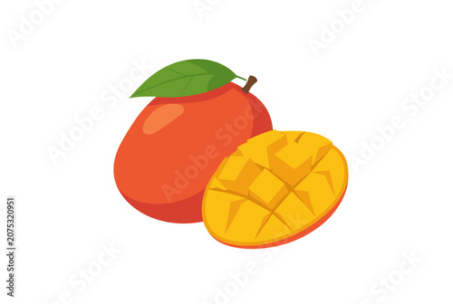 Mango Fruit Illustration, Whole and Sliced with Leaf, Isolated Vector Graphic for Food Design and Tropical Cuisine