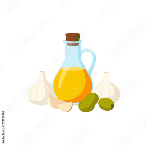 Olive Oil Bottle with Garlic and Olives, Isolated Vector Illustration for Mediterranean Cuisine Recipe or Healthy Eating Concept