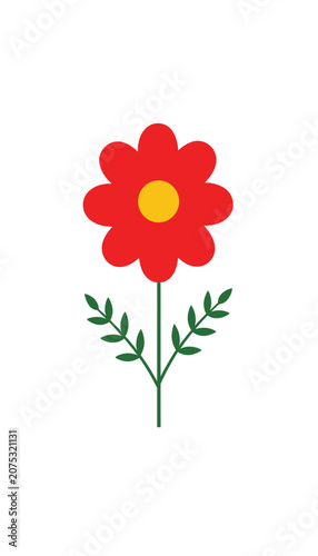 Red Flower Icon with Yellow Center and Green Stem, Isolated Vector Illustration for Design Projects