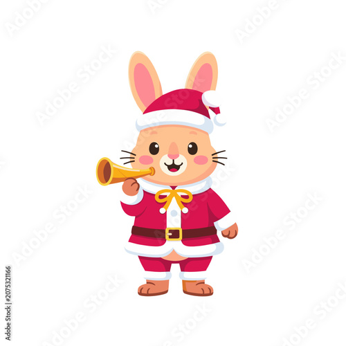 Santa Rabbit Blowing Trumpet Vector Illustration, Isolated Transparent Background for Holiday Greeting Card and Festive Design