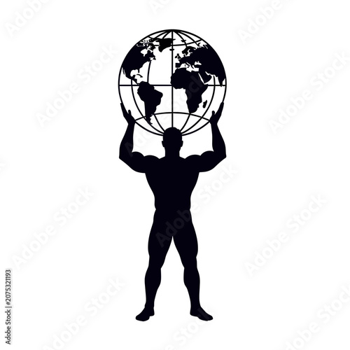 Strong Man Silhouette Holding Globe Overhead, Vector Icon for Global Responsibility and International Business Concept