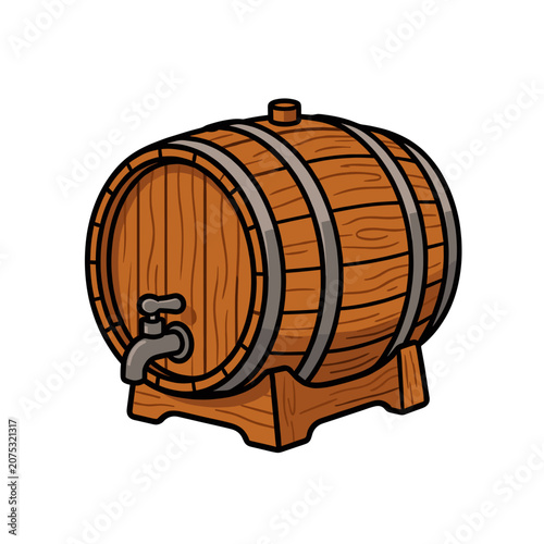Wooden Wine Barrel with Tap Vector Illustration, Isolated Transparent Background for Beverage or Distillery Design