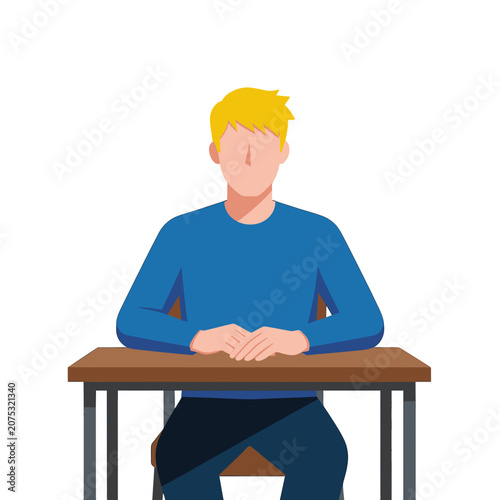 Young Man Sitting at Wooden Desk, Vector Illustration Isolated on Transparent Background for Web and App UI Design