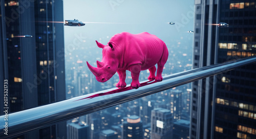 Pink rhinoceros balanced on a metal rail against a city skyline, with futuristic vehicles flying by. Symbolizes unexpectedness and courage.