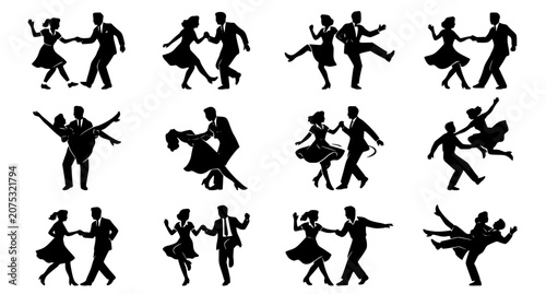 Photos Swing Dance Couple Silhouettes Set Retro Partner Dancing Poses Black Vector Coll