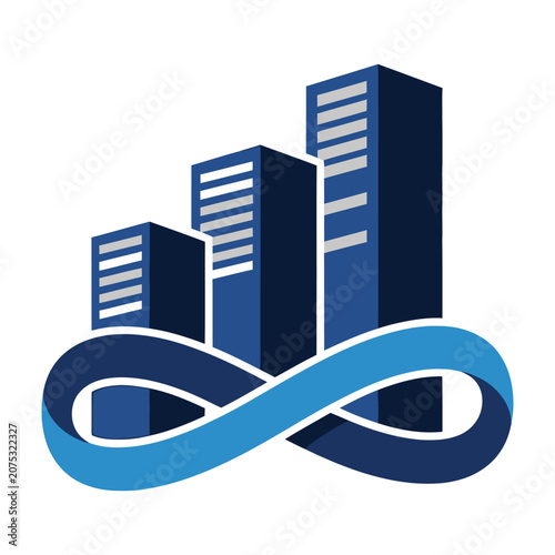 Blue infinity symbol with cityscape buildings