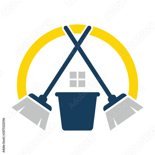 Cleaning service logo with brooms and bucket