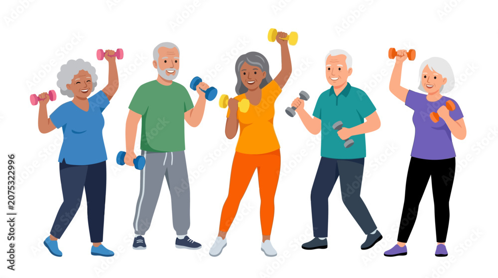 Obraz premium Active diverse group of seniors exercising with colorful dumbbells for healthy aging flat vector illustration