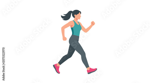 Active athletic woman performing brisk walk exercise for wellness routine flat vector illustration.