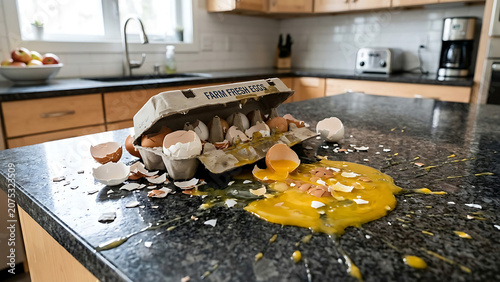 Farm Fresh Eggs Scattered and Broken on Kitchen Countertop