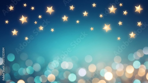 Magical night sky background with glowing golden stars and soft bokeh lights