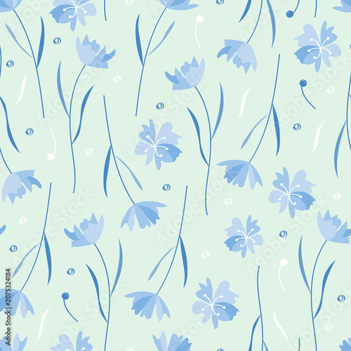 Seamless floral pattern with blue flowers in Scandinavian style