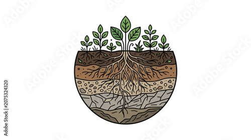 Tableau sur toile Plant roots growing in soil layers cross section illustration.