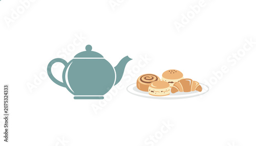 Classic teapot served alongside a small white plate containing a variety of baked goods like pastries, scones, and croissants for breakfast.