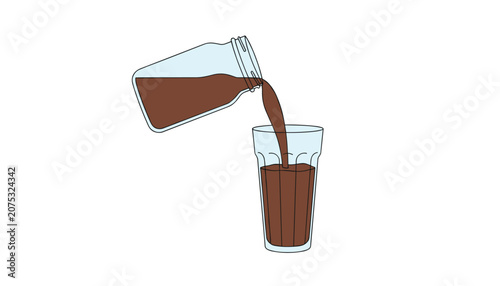 Pouring creamy liquid chocolate from a clear glass jar into a drinking glass on a white background for a delicious beverage presentation.
