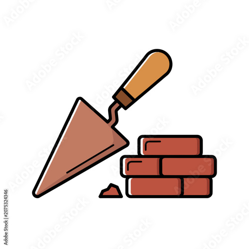 Trowel and Bricks Flat Vector Illustration