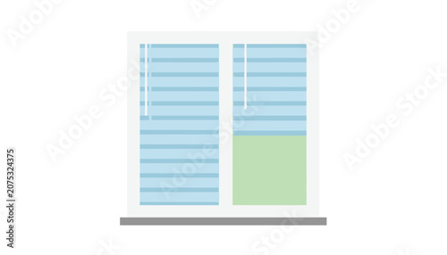 Closed window with horizontal blue blinds across most of the frame and a single green blind panel visible in the lower right section.