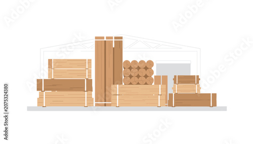 Organized wooden planks and logs stored inside a warehouse building for commercial use or furniture production and interior construction work.
