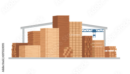 Large stacks of wooden lumber arranged inside a warehouse facility featuring an overhead crane for heavy lifting and material management.