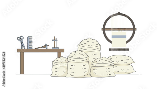 Traditional weaving workshop featuring a wooden loom alongside sacks of raw cotton or wool fibers and various tools on a workbench.