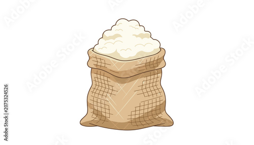 Single open jute sack filled to the brim with fluffy white material resembling flour or cotton for textile and food industry supplies.