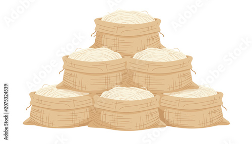 Pyramid stack of woven jute sacks filled with white powder or grain symbolizing agricultural trade and commodity storage in a warehouse.