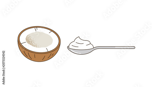 Half of a fresh coconut sitting next to a silver spoon filled with creamy white coconut cream or yogurt for a delicious natural snack.