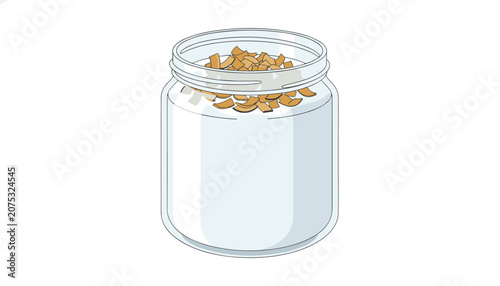 Glass jar filled with white yogurt or cream topped with golden toasted coconut flakes as a healthy and flavorful breakfast or snack option.