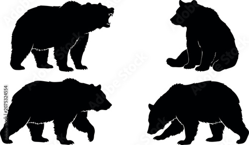Canvastavla Four different black silhouettes of bears in various poses
