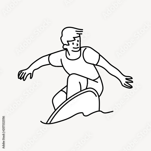 Photography Black-and-white line art of a young man surfing on a wave, smiling