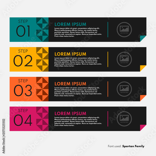 Business infographic timeline vector illustration with four steps and dark horizontal cards menu layout with colorful triangle texture pattern abstract geometric shapes