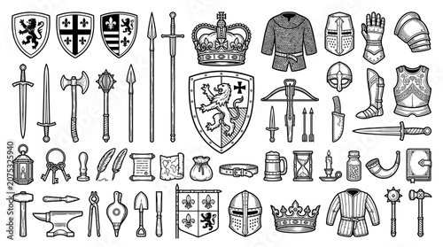 Bild auf Leinwand Medieval Knight Armor, Weapons, and Symbols - Vintage Engraving Style