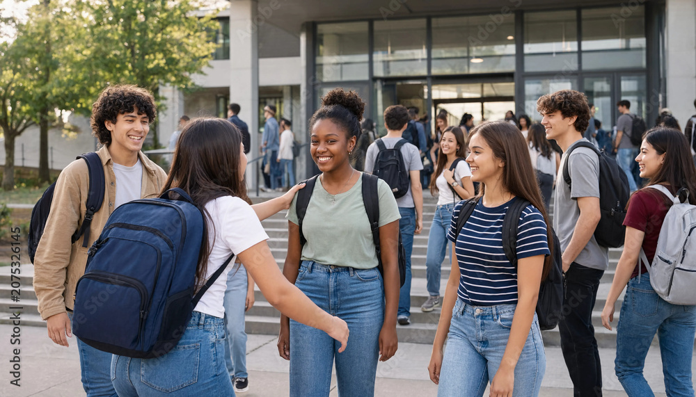 Obraz premium Group of Happy Diverse College Students Greeting Each Other Outside Campus Building, Back to University Concept